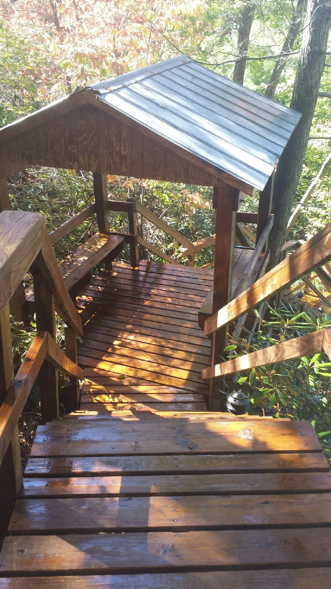 Freshly stained wood walkway and covered shelter with a metal roof in Troy